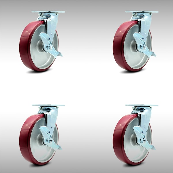 8 Inch SS Poly on Aluminum Swivel Caster Set with Ball Bearings and Brakes SCC